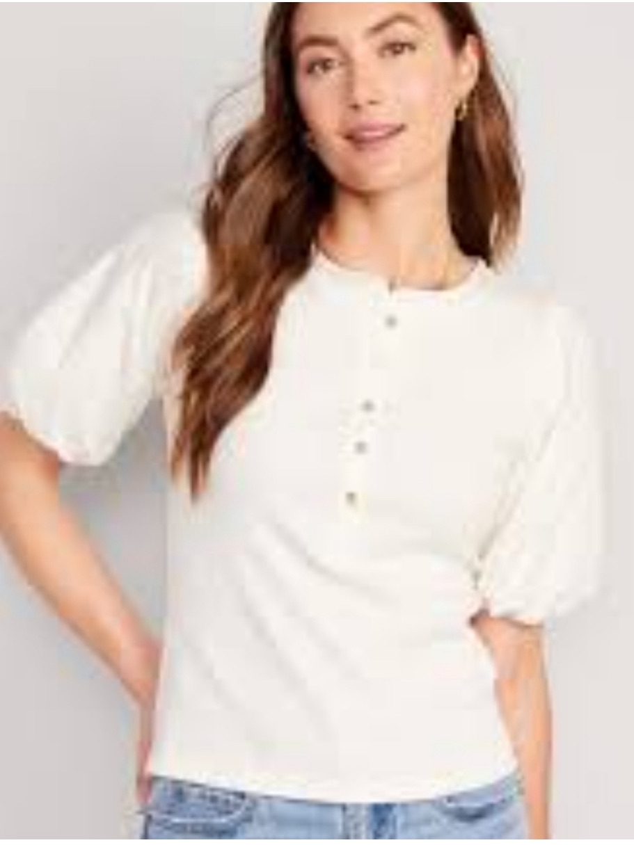 Old Navy White V-Neck Puff Sleeve Top Puff-Sleeve Mixed Fabric Top Medium Size